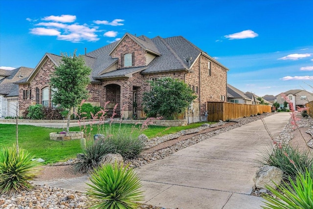 french country style house featuring brick siding, fence, roof with shingles, and a residential view