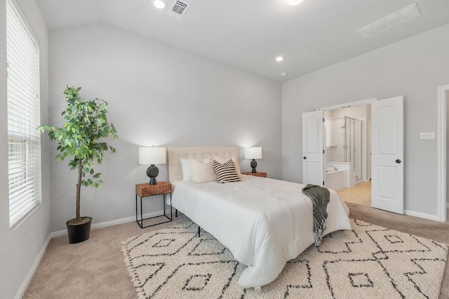 bedroom with baseboards, light colored carpet, and visible vents