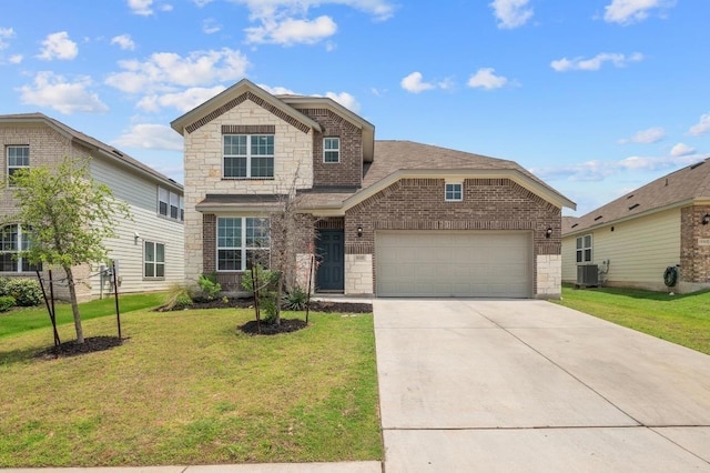 view of front of home featuring brick siding, an attached garage, a front yard, and concrete driveway