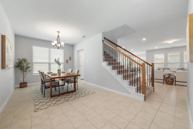 dining area with an inviting chandelier, stairs, light tile patterned flooring, baseboards, and recessed lighting