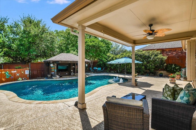 1901 Meandering Meadows Dr, Pflugerville, TX 78660 - view of swimming pool featuring a patio, a gazebo, a ceiling fan, and a fenced backyard