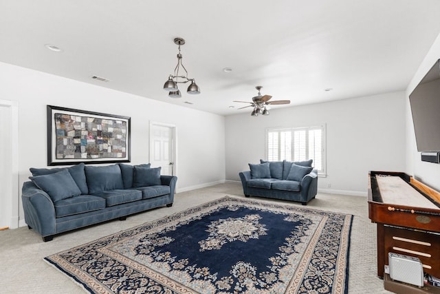 living room with carpet floors, visible vents, baseboards, recessed lighting, and a ceiling fan