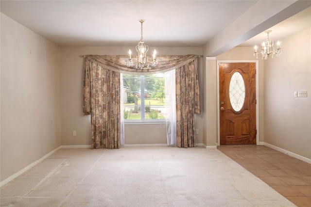 7300 Greenhaven Dr, Austin, TX 78757 - carpeted entryway featuring a chandelier, baseboards, and tile patterned floors