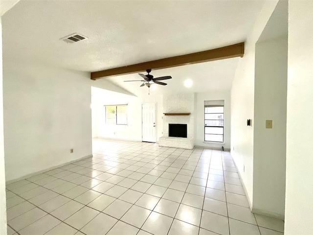 10810 Calcite Trl, Austin, TX 78750 - unfurnished living room with visible vents, lofted ceiling with beams, ceiling fan, and light tile patterned floors