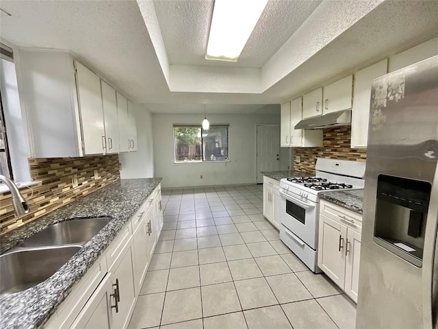 10810 Calcite Trl, Austin, TX 78750 - kitchen with a tray ceiling, a textured ceiling, gas range gas stove, a sink, and under cabinet range hood