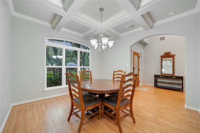 103 Sierra Ridge Dr, San Marcos, TX 78666 - dining room featuring visible vents, arched walkways, coffered ceiling, and light wood-style flooring