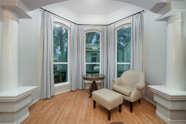 103 Sierra Ridge Dr, San Marcos, TX 78666 - living area featuring arched walkways, decorative columns, and light wood-type flooring
