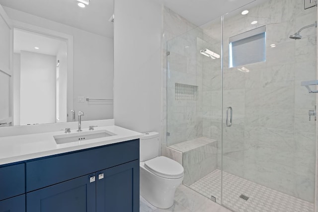 229 Tiffanie Way, Austin, TX 78737 - bathroom featuring recessed lighting, vanity, a stall shower, and toilet