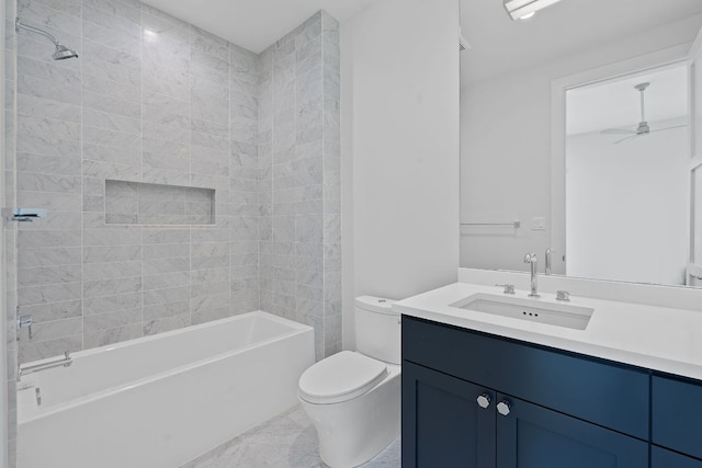229 Tiffanie Way, Austin, TX 78737 - bathroom featuring vanity, toilet, marble finish floor, a ceiling fan, and shower / bathing tub combination