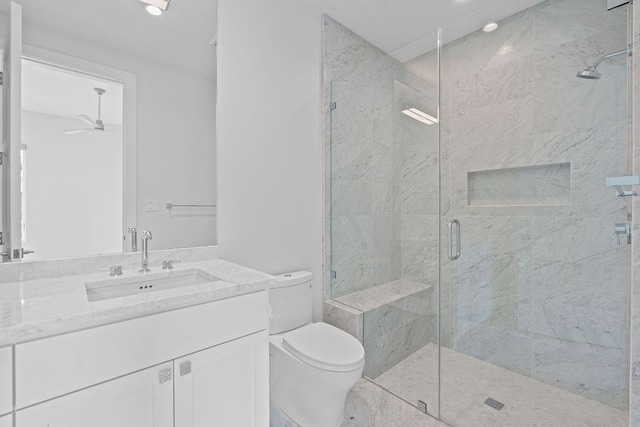 229 Tiffanie Way, Austin, TX 78737 - bathroom featuring vanity, ceiling fan, a shower stall, and toilet
