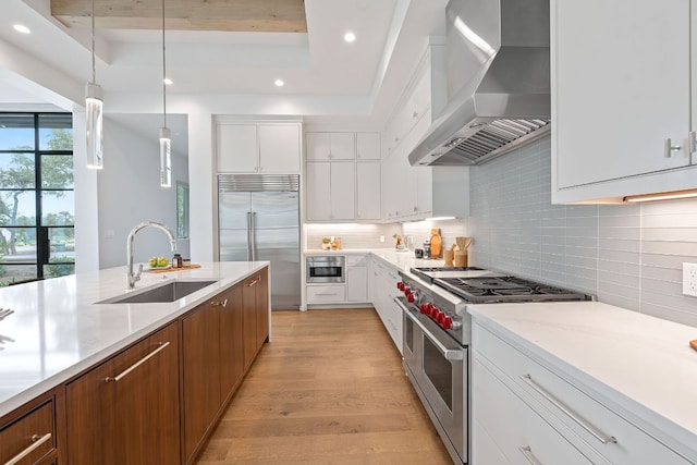 229 Tiffanie Way, Austin, TX 78737 - kitchen featuring high end appliances, wall chimney range hood, recessed lighting, a sink, and light wood-style flooring