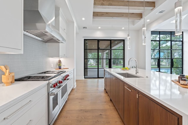 229 Tiffanie Way, Austin, TX 78737 - kitchen featuring a sink, wall chimney exhaust hood, range with two ovens, tasteful backsplash, and visible vents