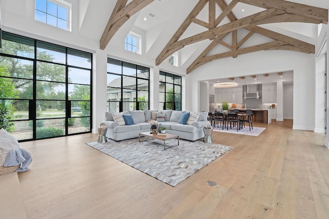 229 Tiffanie Way, Austin, TX 78737 - living area featuring high vaulted ceiling, baseboards, beamed ceiling, and light wood finished floors