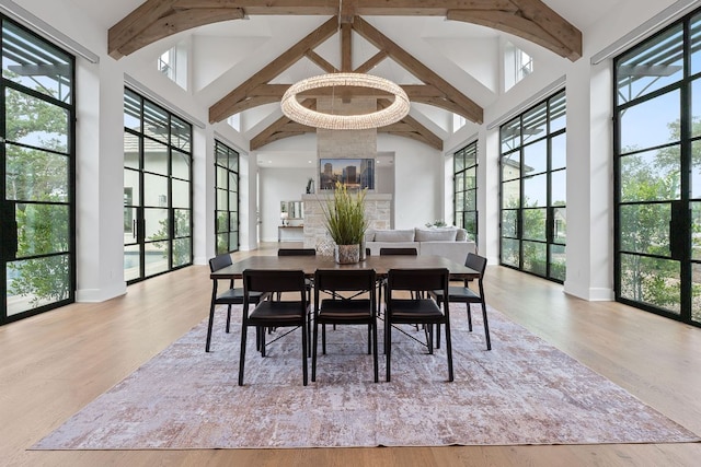 229 Tiffanie Way, Austin, TX 78737 - dining room featuring a healthy amount of sunlight, high vaulted ceiling, and beamed ceiling