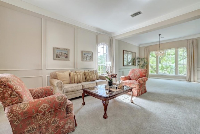 10768 Bramblecrest Dr, Austin, TX 78726 - living room with a decorative wall, crown molding, plenty of natural light, and carpet