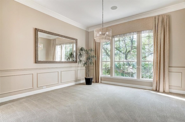 10768 Bramblecrest Dr, Austin, TX 78726 - carpeted spare room with a chandelier, a decorative wall, healthy amount of natural light, crown molding, and wainscoting