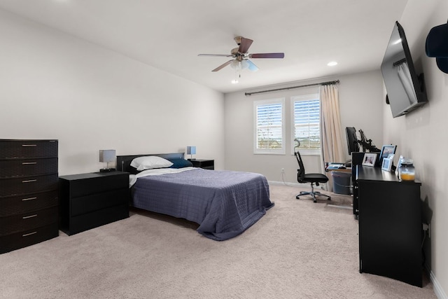 bedroom featuring baseboards, ceiling fan, light carpet, and recessed lighting
