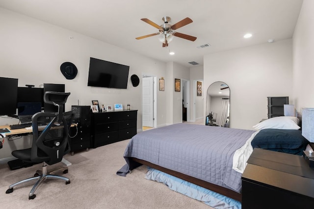 bedroom with carpet floors, recessed lighting, a ceiling fan, and visible vents