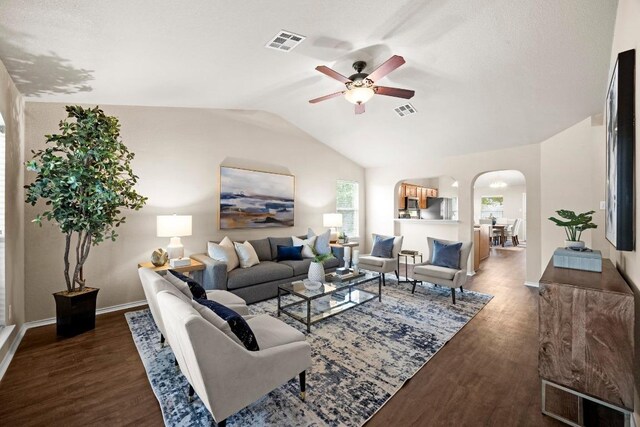 1777 Thompson Trl, Round Rock, TX 78664 - living area featuring arched walkways, ceiling fan, wood finished floors, vaulted ceiling, and baseboards