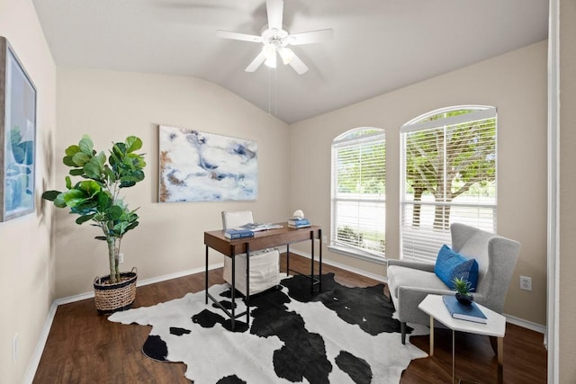 1777 Thompson Trl, Round Rock, TX 78664 - home office with baseboards, a ceiling fan, wood finished floors, and lofted ceiling