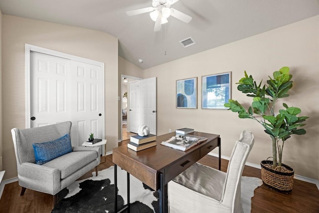 1777 Thompson Trl, Round Rock, TX 78664 - home office featuring visible vents, wood finished floors, baseboards, a ceiling fan, and vaulted ceiling