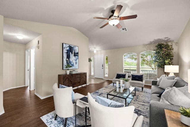 1777 Thompson Trl, Round Rock, TX 78664 - living room with lofted ceiling, a ceiling fan, wood finished floors, and baseboards
