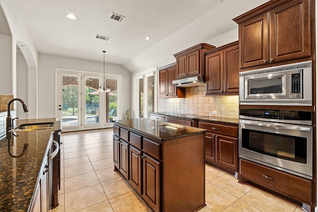 462 Shelf Rock, Driftwood, TX 78619 - kitchen featuring appliances with stainless steel finishes, a sink, under cabinet range hood, tasteful backsplash, and lofted ceiling