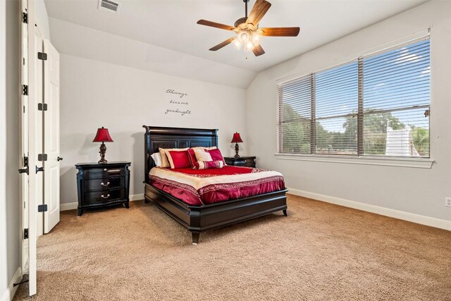 462 Shelf Rock, Driftwood, TX 78619 - bedroom with light carpet, baseboards, vaulted ceiling, and a ceiling fan