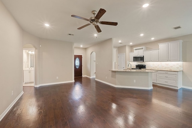 425 Valley Oaks Loop, Georgetown, TX 78626 - kitchen with stainless steel microwave, arched walkways, ceiling fan, black / electric stove, and recessed lighting