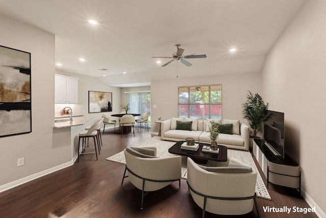 425 Valley Oaks Loop, Georgetown, TX 78626 - living area featuring baseboards, dark wood-style flooring, ceiling fan, and recessed lighting