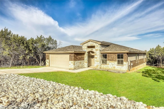 2502 Truman Dr, Lago Vista, TX 78645 - view of front of home featuring a shingled roof, stone siding, a garage, a front yard, and driveway