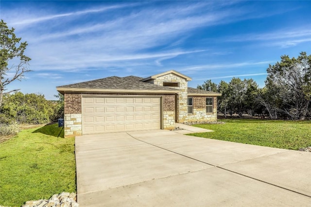 2502 Truman Dr, Lago Vista, TX 78645 - view of front of house featuring a garage, a front lawn, stone siding, roof with shingles, and driveway