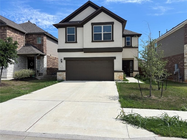 view of front of house featuring concrete driveway, a garage, stone siding, and stucco siding