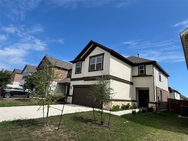 view of front of house featuring stucco siding, driveway, stone siding, and a garage