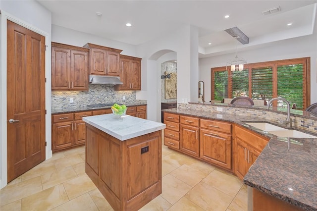 kitchen with decorative backsplash, arched walkways, under cabinet range hood, a sink, and dark stone countertops