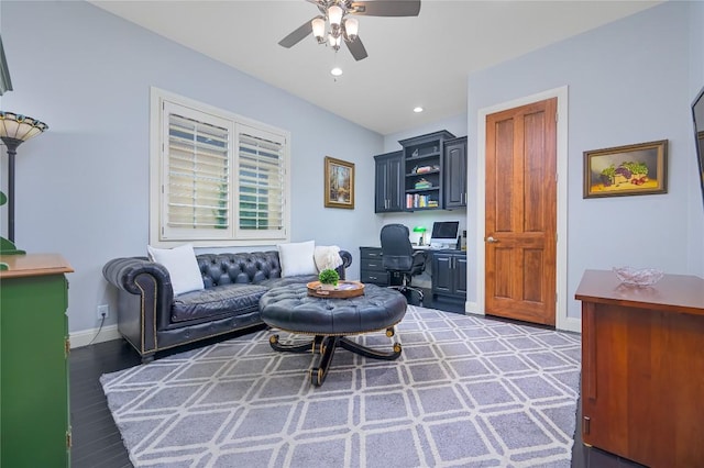 living room with baseboards, recessed lighting, ceiling fan, and wood finished floors