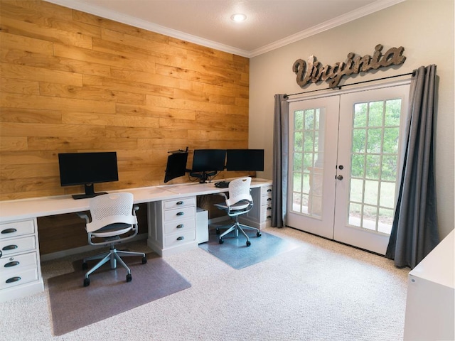 19200 White Horse Cv, Spicewood, TX 78669 - office with crown molding, wooden walls, carpet flooring, built in desk, and french doors