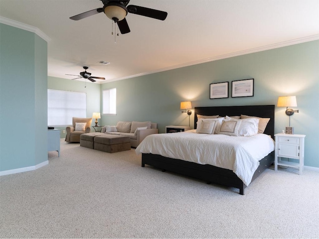 19200 White Horse Cv, Spicewood, TX 78669 - carpeted bedroom with crown molding, a ceiling fan, baseboards, and visible vents