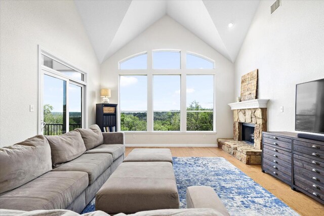 19200 White Horse Cv, Spicewood, TX 78669 - living area with vaulted ceiling, a fireplace, and light wood-style flooring