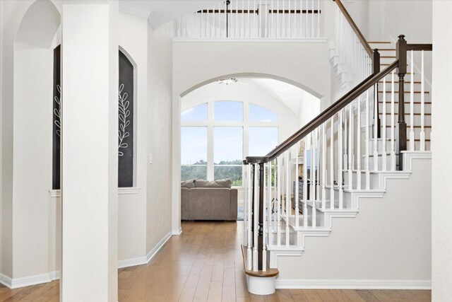 19200 White Horse Cv, Spicewood, TX 78669 - foyer featuring wood-type flooring, stairs, and arched walkways