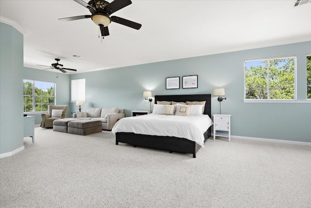 19200 White Horse Cv, Spicewood, TX 78669 - carpeted bedroom featuring crown molding and ceiling fan