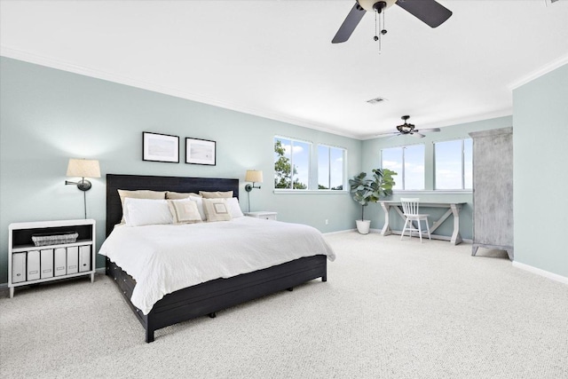 19200 White Horse Cv, Spicewood, TX 78669 - bedroom with ornamental molding, carpet floors, and a ceiling fan