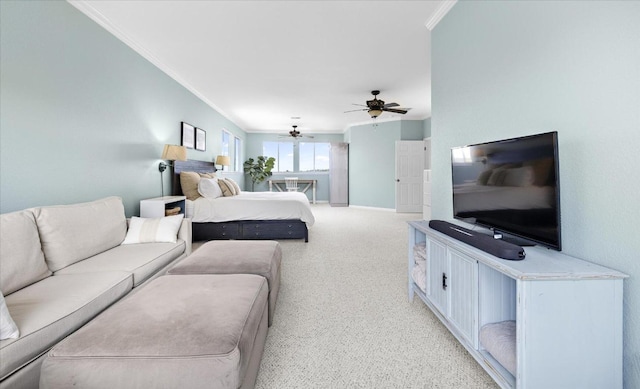 19200 White Horse Cv, Spicewood, TX 78669 - bedroom featuring ornamental molding, light colored carpet, and a ceiling fan