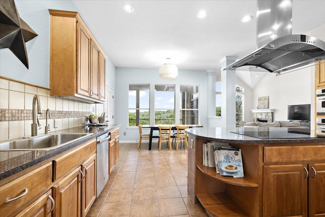 19200 White Horse Cv, Spicewood, TX 78669 - kitchen with island range hood, open shelves, dishwasher, light tile patterned flooring, and recessed lighting