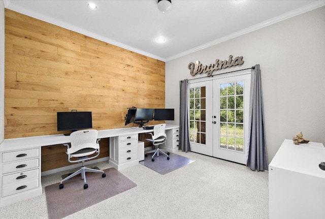 19200 White Horse Cv, Spicewood, TX 78669 - office area with french doors, ornamental molding, wood walls, carpet, and recessed lighting