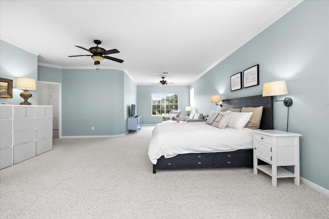19200 White Horse Cv, Spicewood, TX 78669 - bedroom featuring crown molding, light colored carpet, and a ceiling fan