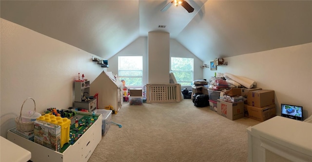 2305 Amen Corner Rd, Pflugerville, TX 78660 - rec room with ceiling fan, carpet, visible vents, and lofted ceiling