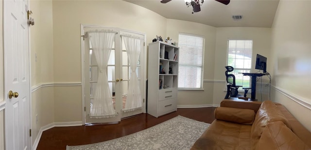 2305 Amen Corner Rd, Pflugerville, TX 78660 - living area featuring baseboards, a ceiling fan, wood finished floors, and visible vents