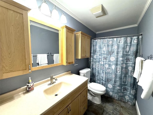 bathroom featuring visible vents, ornamental molding, vanity, curtained shower, and toilet