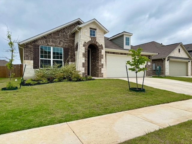 view of front facade with concrete driveway, an attached garage, stone siding, and a front lawn